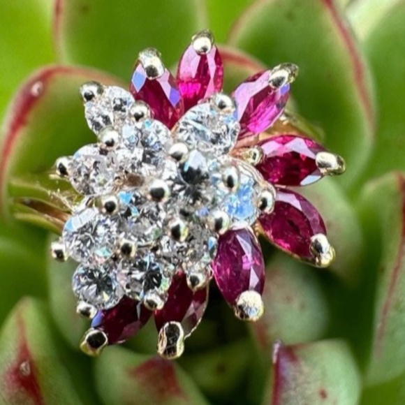 Vintage, 14K Gold, Ruby And And Diamond Cluster Ring, Size 6 3/4, 4.65 Grams